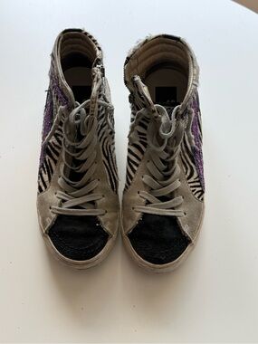 Golden Goose Zebra-Print High-Top Sneakers with Black and Purple Accents